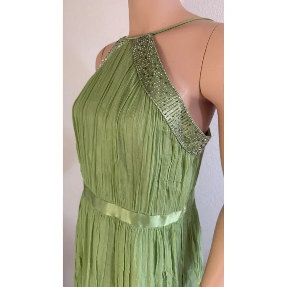 Vintage Green 100% Silk Beaded Halter Pleated Mini Dress Sz 14 Fairy Spring - Picture 8 of 10